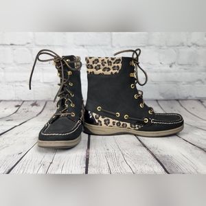 Sperry Top Sider Black Leather and Cheetah Print Lace Up Boots